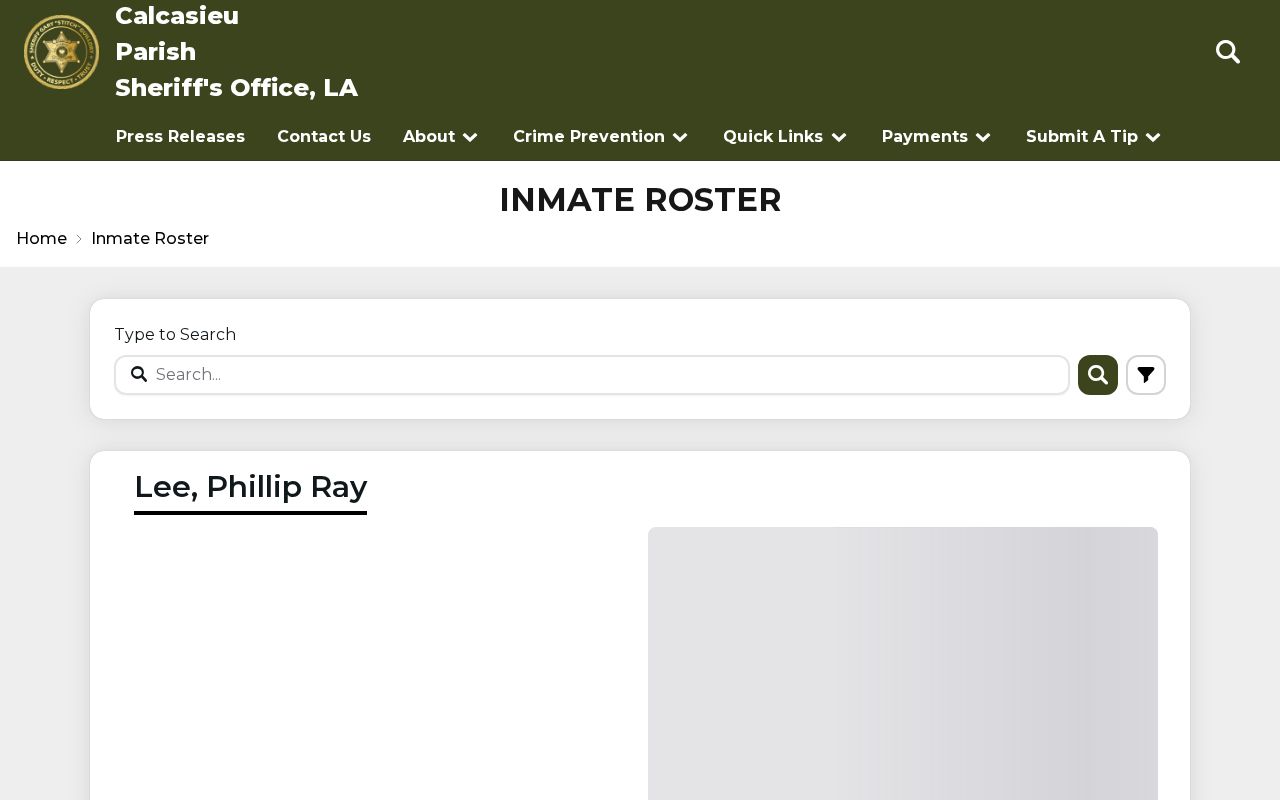 Calcasieu Parish Sheriff's Office inmate roster search interface
