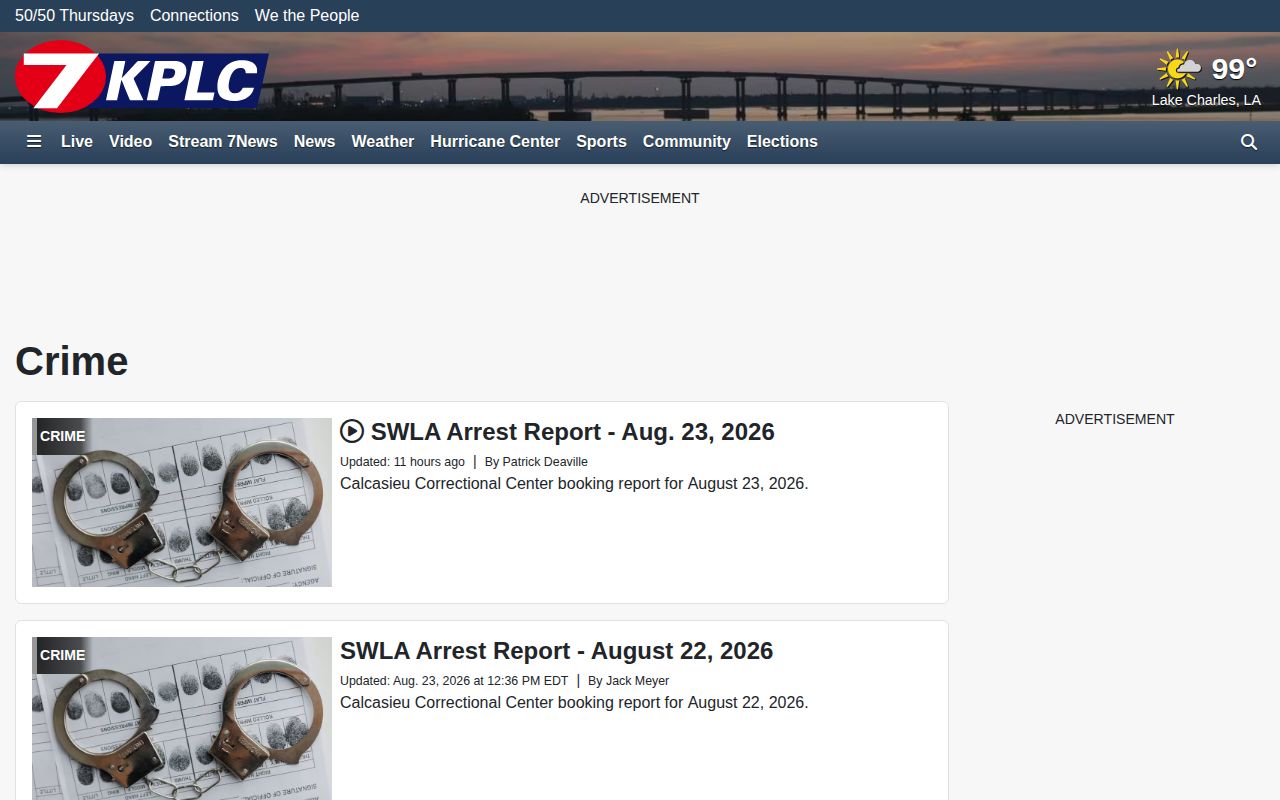 KPLC crime news page with southwest Louisiana arrest coverage