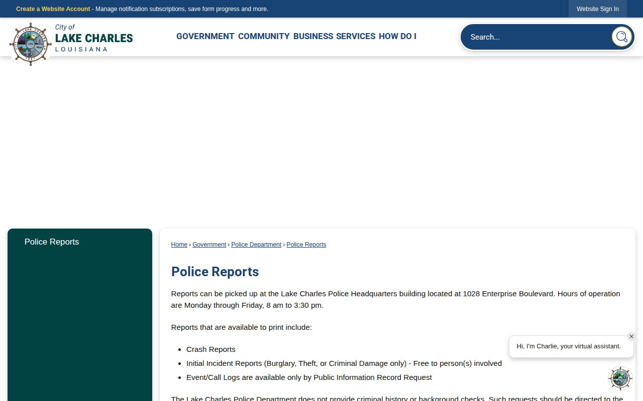 Lake Charles Police Department arrest and police report access page