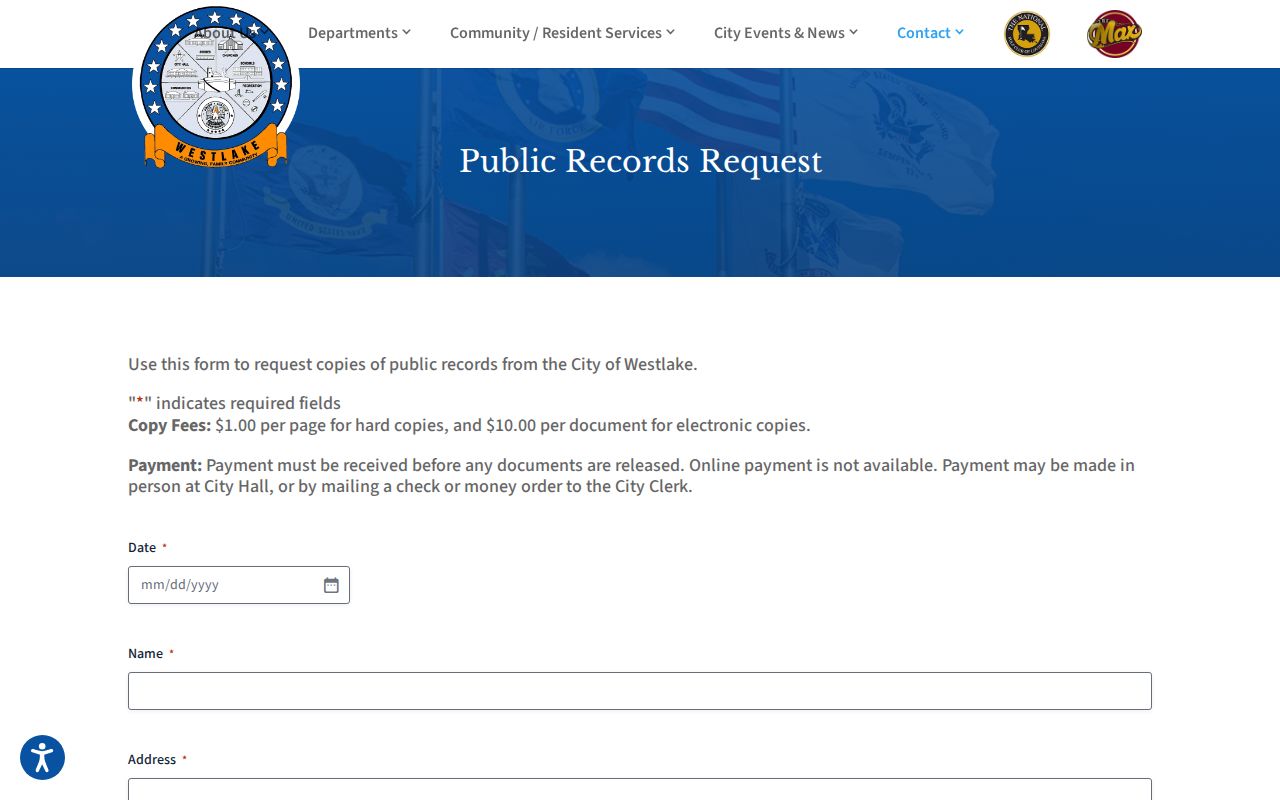Westlake Police arrest and booking record request form